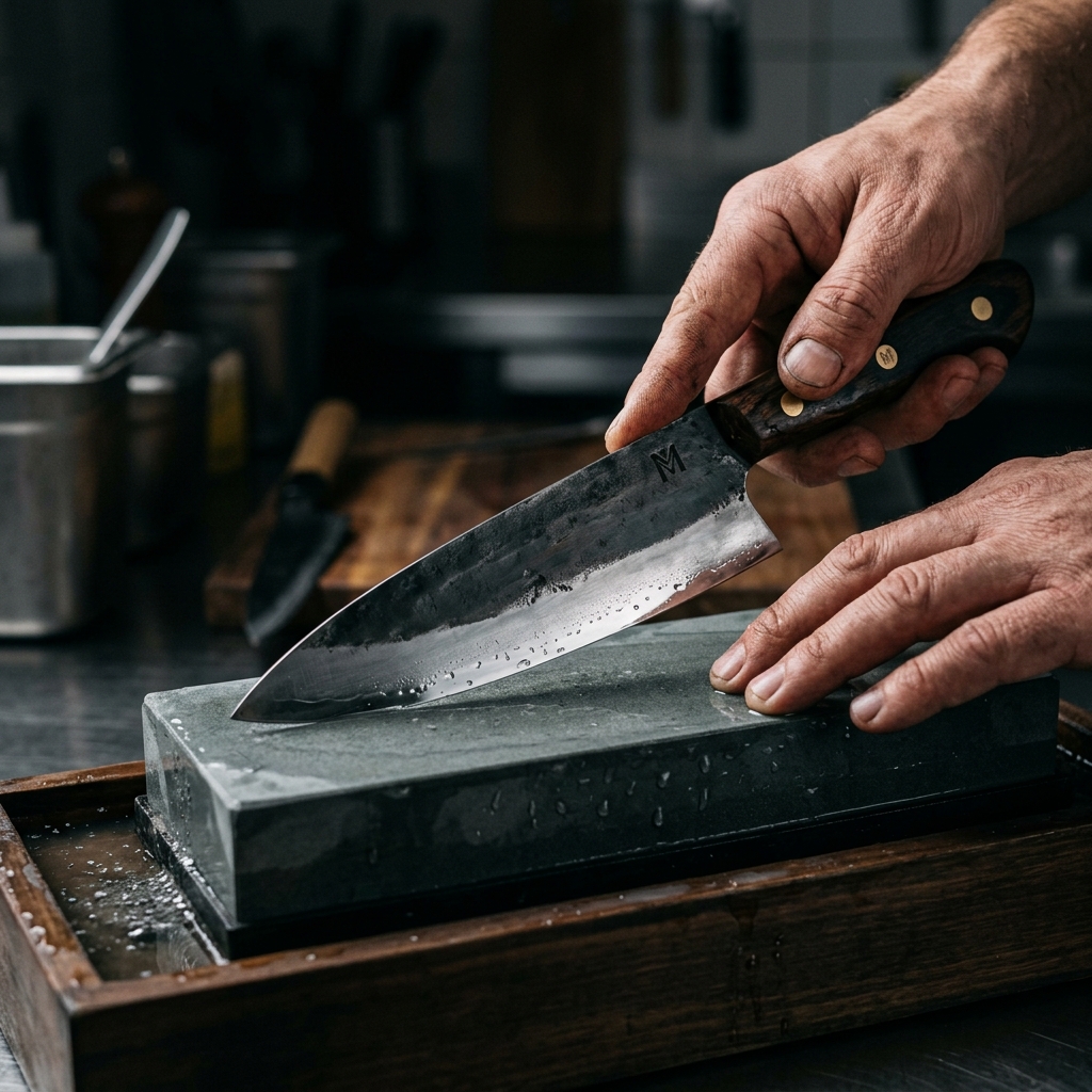Ado hand-sharpening a chef's knife on a premium wet stone
